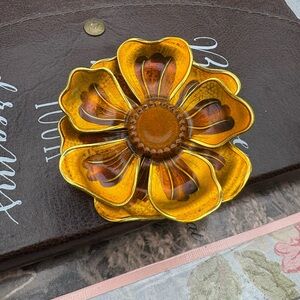 Vintage German Enamel Flower Brooch Gold Amber Mid Century Statement Pin